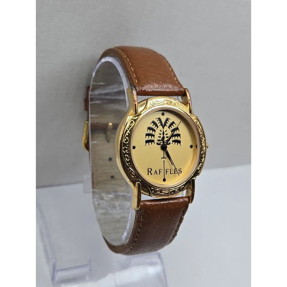 Vintage Raffles Hotel Singapore L'Orelogg 34mm Quartz Watch Leather New Battery